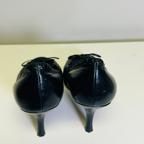 BELLINI SIZE 7 Black PATENT LEATHER OPEN TOE TRIM BOW DETAIL STITCHING PLEATED - Picture 5 of 7